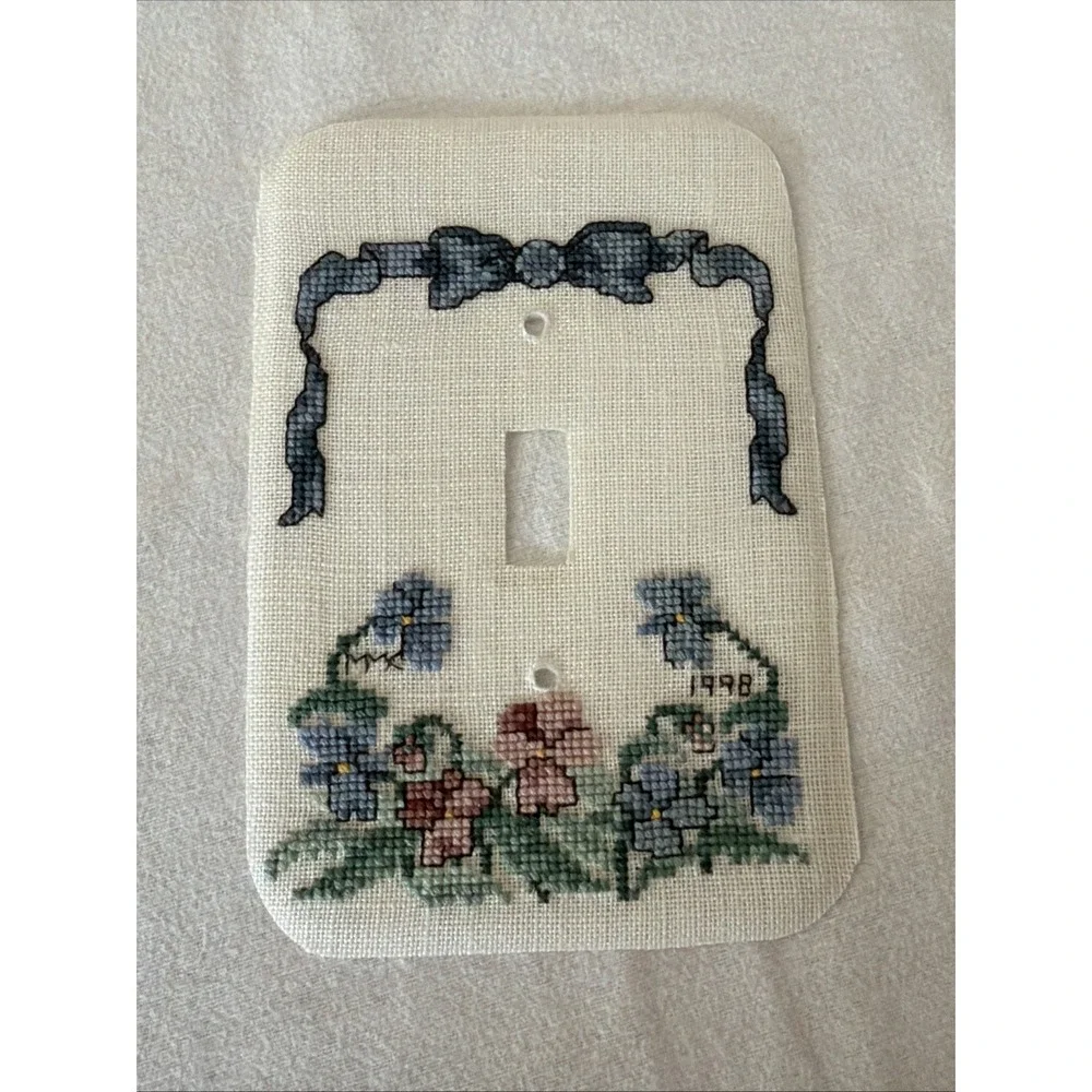 Set of 2 Vintage Needlepoint Switch Plate Covers Blue Flowers Handmade 1998